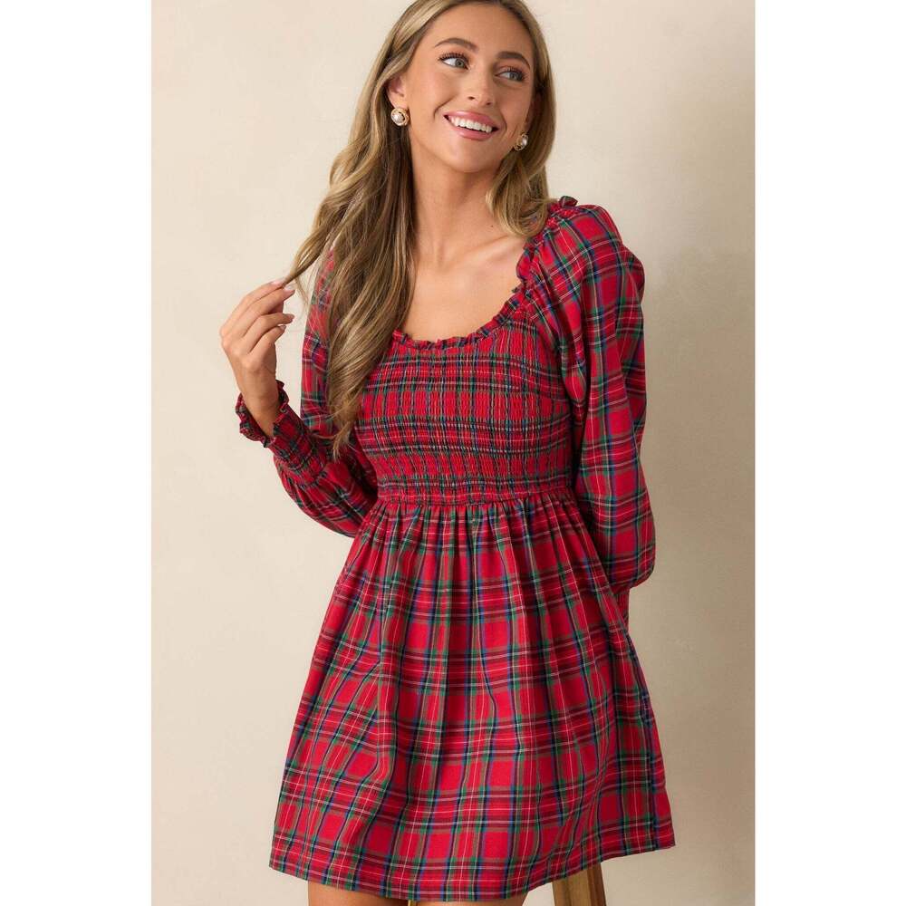 Red Dress Dance With Me 100% Cotton Red Plaid Long Sleeve Mini Dress Size MM / R